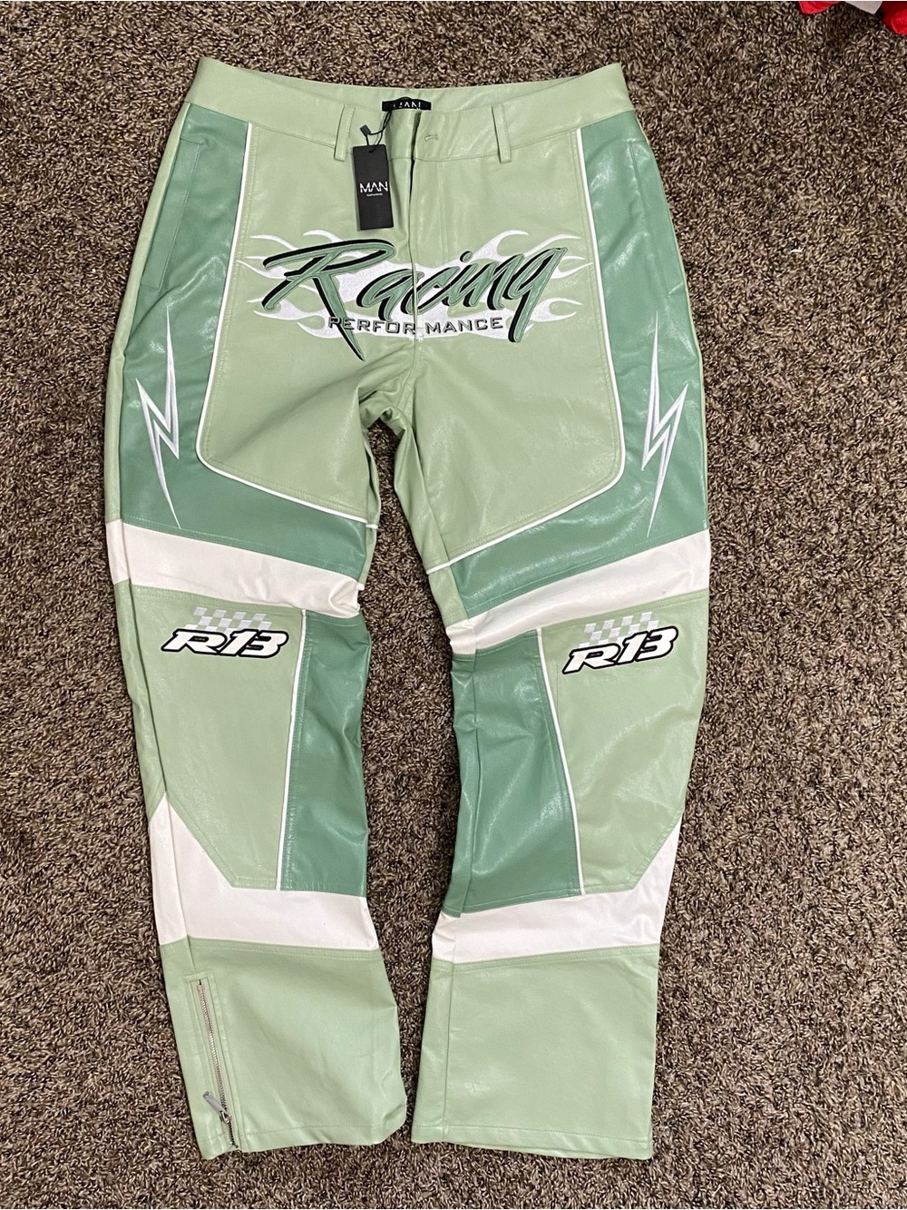 Boohoo Mens R13 Green Faux Leather Racing Cargo Pants